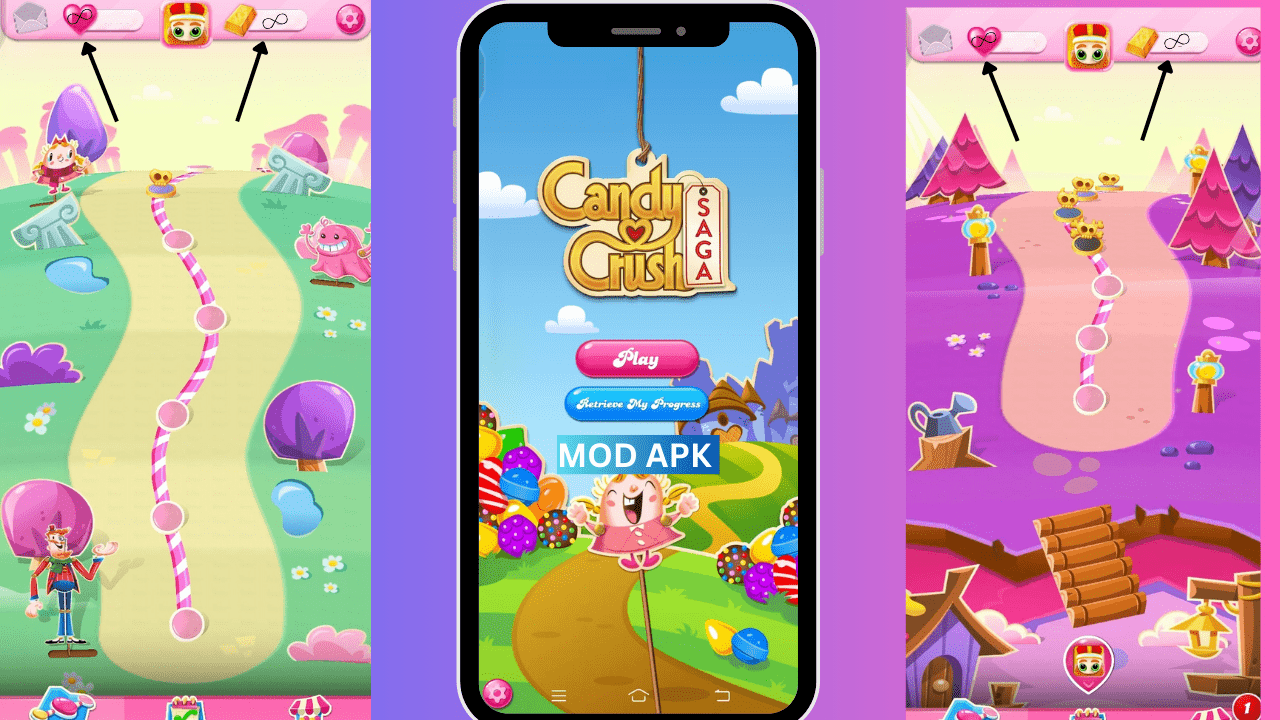 1. Screenshot of Candy Crush Saga Mod APK showcasing colorful candies and gameplay interface. 2. Visual representation of Candy Crush Saga Mod APK featuring vibrant candy graphics and game elements. 3. Image displaying Candy Crush Saga Mod APK with an engaging screenshot of the candy-matching gameplay.